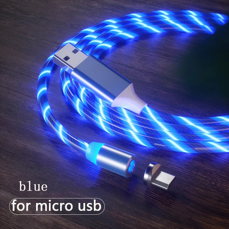 1m Magnetic charging Mobile Phone Cable USB Type C Flow Luminous Lighting Data Wire for Samsung Huawei LED Micro Kable
